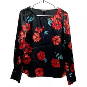 Express Blouse Women's XS Black Red Floral Pullover Long Sleeve Top Shirt EUC